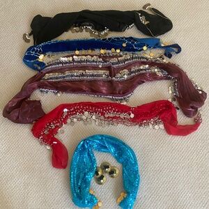 4 Belly Hip Scarf Wrap Plus 2 Pairs of Finger Cymbals Plus 1 Sparkly Scarf